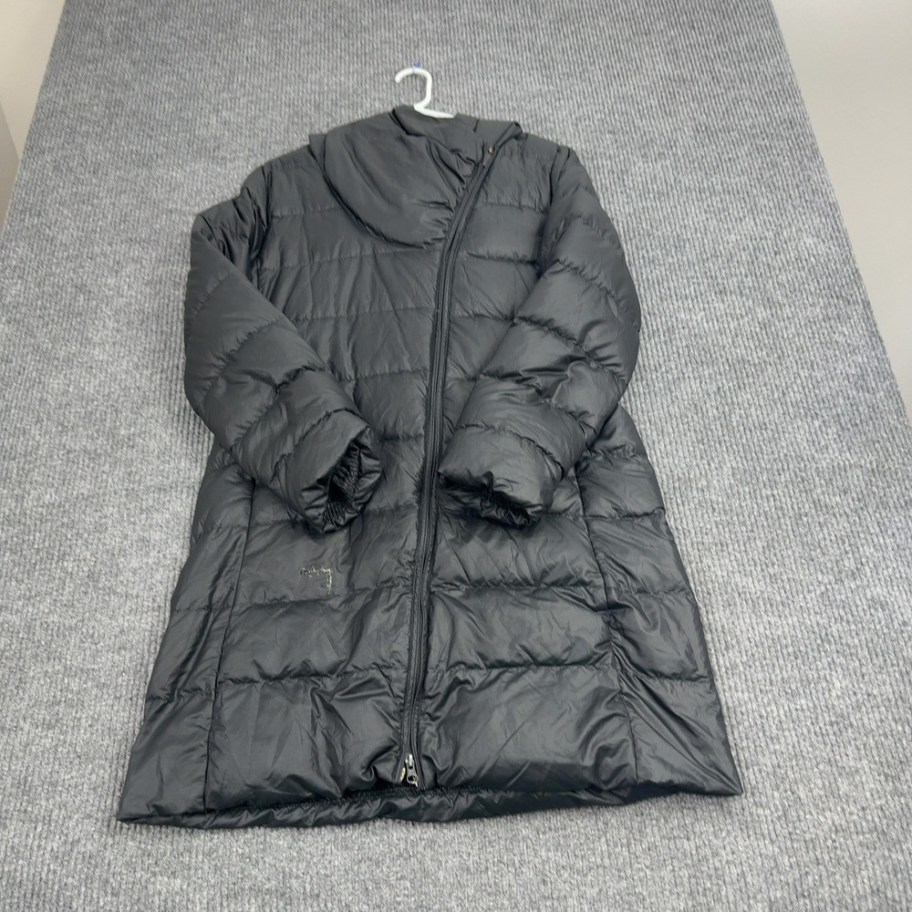 Nike Puffer Coat Womens L Black Down Filled Hooded Long Asymmetrical‎ Zip Sporty